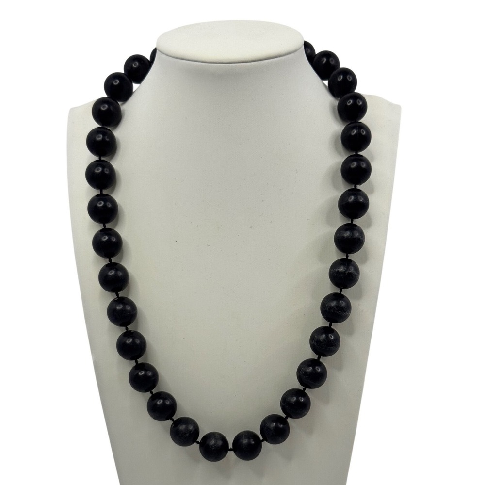 Vintage Black Beaded Knotted Strand Necklace Gold Tone Spring Ring Clasp‎